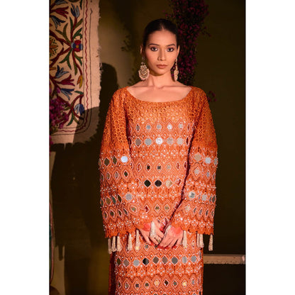Aishwarya Tyagi Rust Mirror Work Kurta with Pant and Inner (Set of 3)