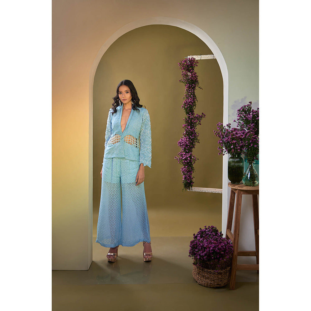 Aishwarya Tyagi Blue Akash Mirror Work Blazer and Pant (Set of 2)