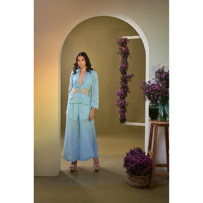 Aishwarya Tyagi Blue Akash Mirror Work Blazer and Pant (Set of 2)