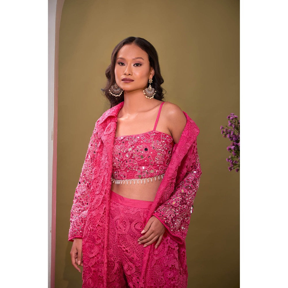 Aishwarya Tyagi Pink Padma Mirror Work Jacket with Bustier and Pant (Set of 3)