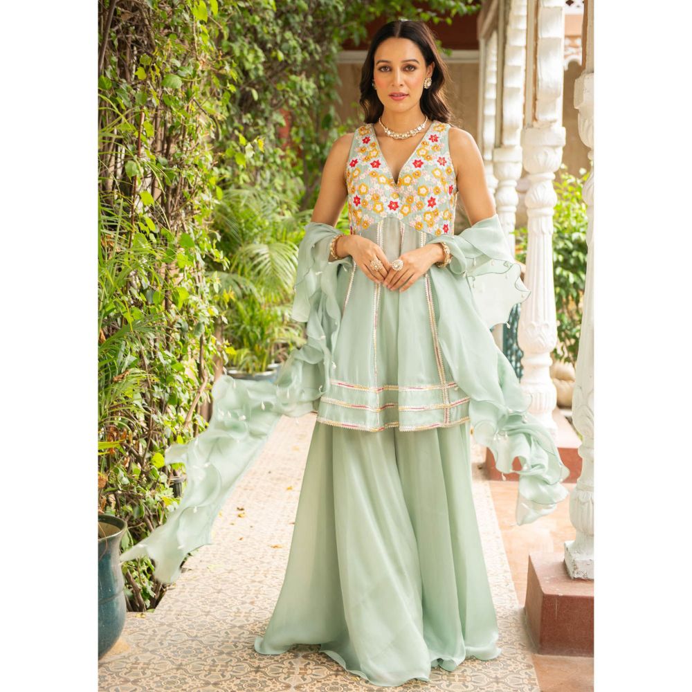 Ajiesh Oberoi Koyal Sea Green Kurta and Sharara with Dupatta (Set of 3)
