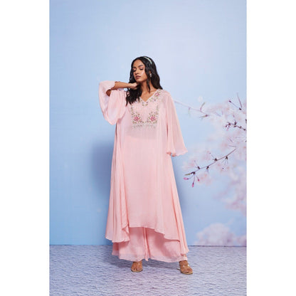Ajiesh Oberoi Baby Pink Chakori Embroidered Kurta with Bustier and Palazzo (Set of 3)