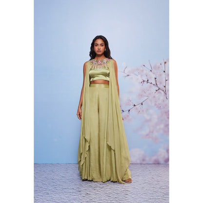 Ajiesh Oberoi Green Daisy Embroidered Cape with Bustier and Sharara (Set of 3)