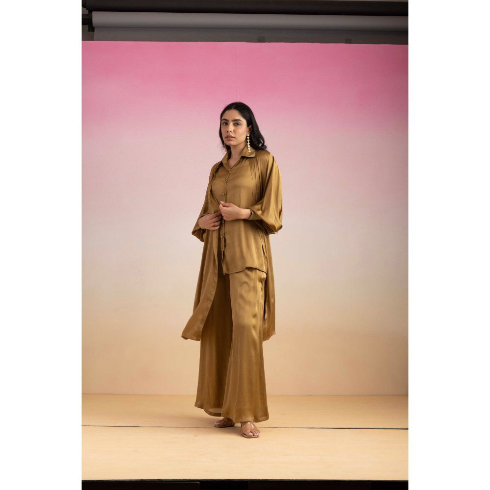 Ajiesh Oberoi Brown Kajal Shirt with Pant and Shrug (Set of 3)