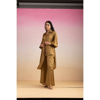 Ajiesh Oberoi Brown Kajal Shirt with Pant and Shrug (Set of 3)