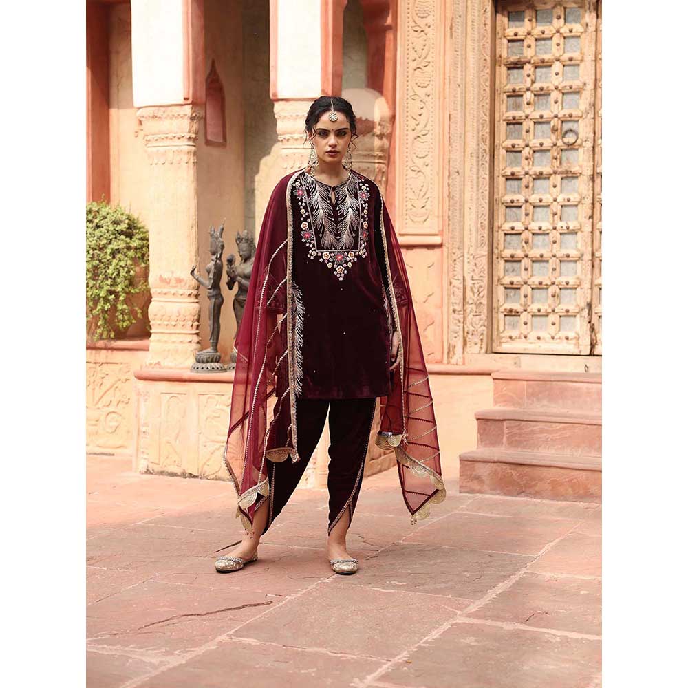 Ajiesh Oberoi Wine Dhoti with Short Kurta and Dupatta (Set of 3)