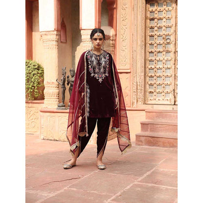 Ajiesh Oberoi Wine Dhoti with Short Kurta and Dupatta (Set of 3)