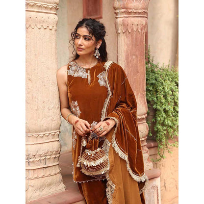 Ajiesh Oberoi Honey Gold Kurta with Salwar and Dupatta (Set of 3)