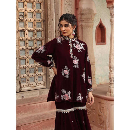 Ajiesh Oberoi Wine Peplum Top with Sharara (Set of 2)
