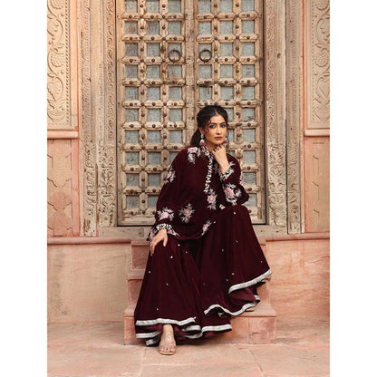Ajiesh Oberoi Wine Peplum Top with Sharara (Set of 2)