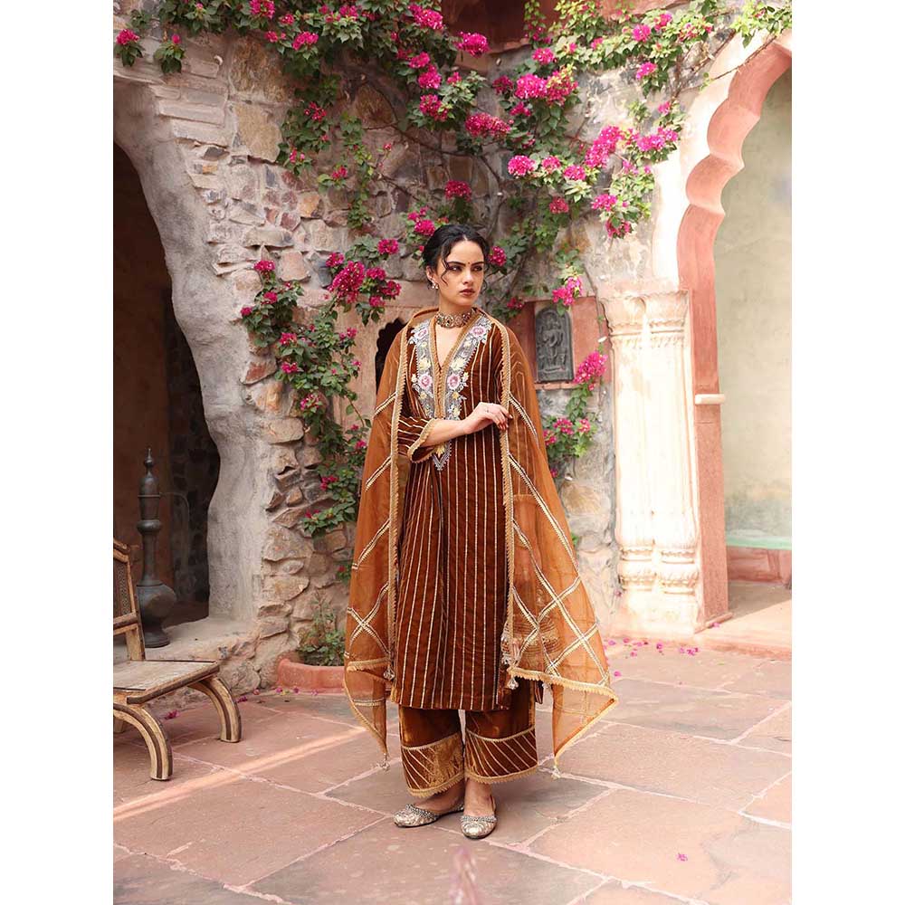 Ajiesh Oberoi Honey Gold Kurta with Palazzo and Dupatta (Set of 3)