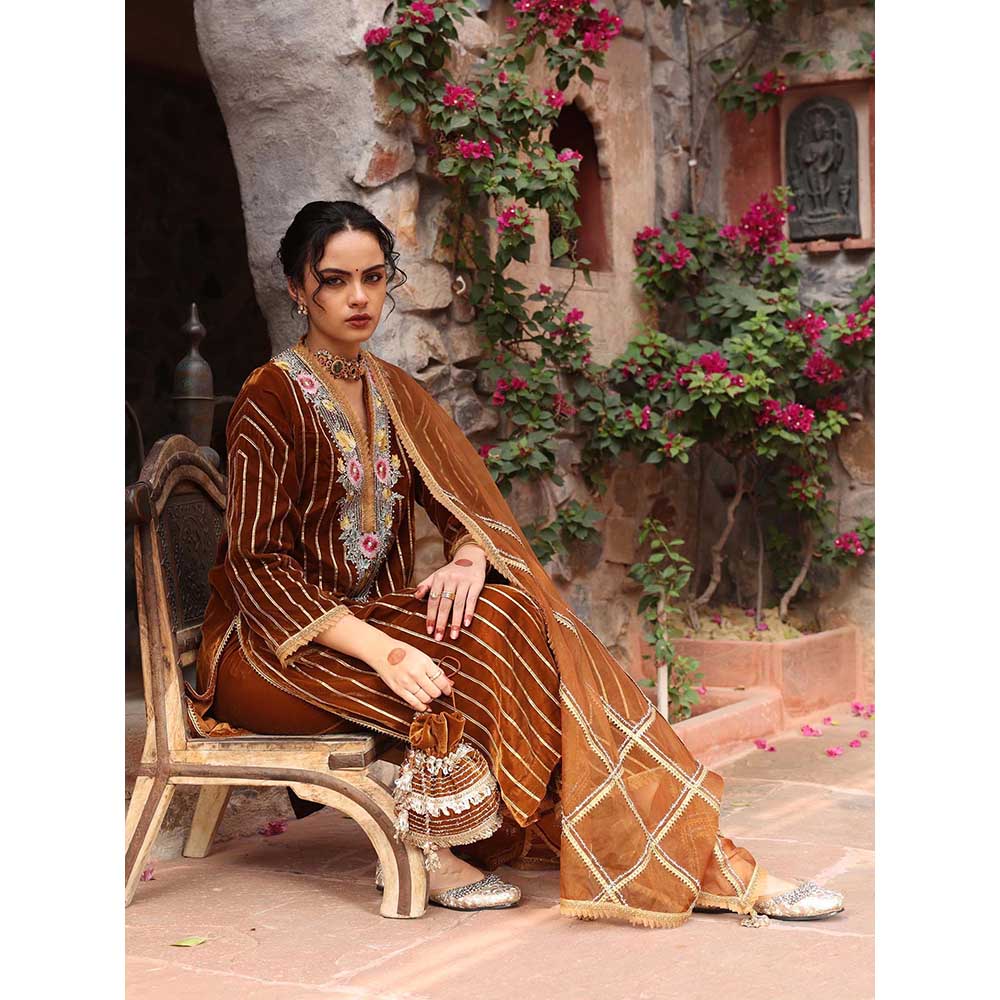 Ajiesh Oberoi Honey Gold Kurta with Palazzo and Dupatta (Set of 3)