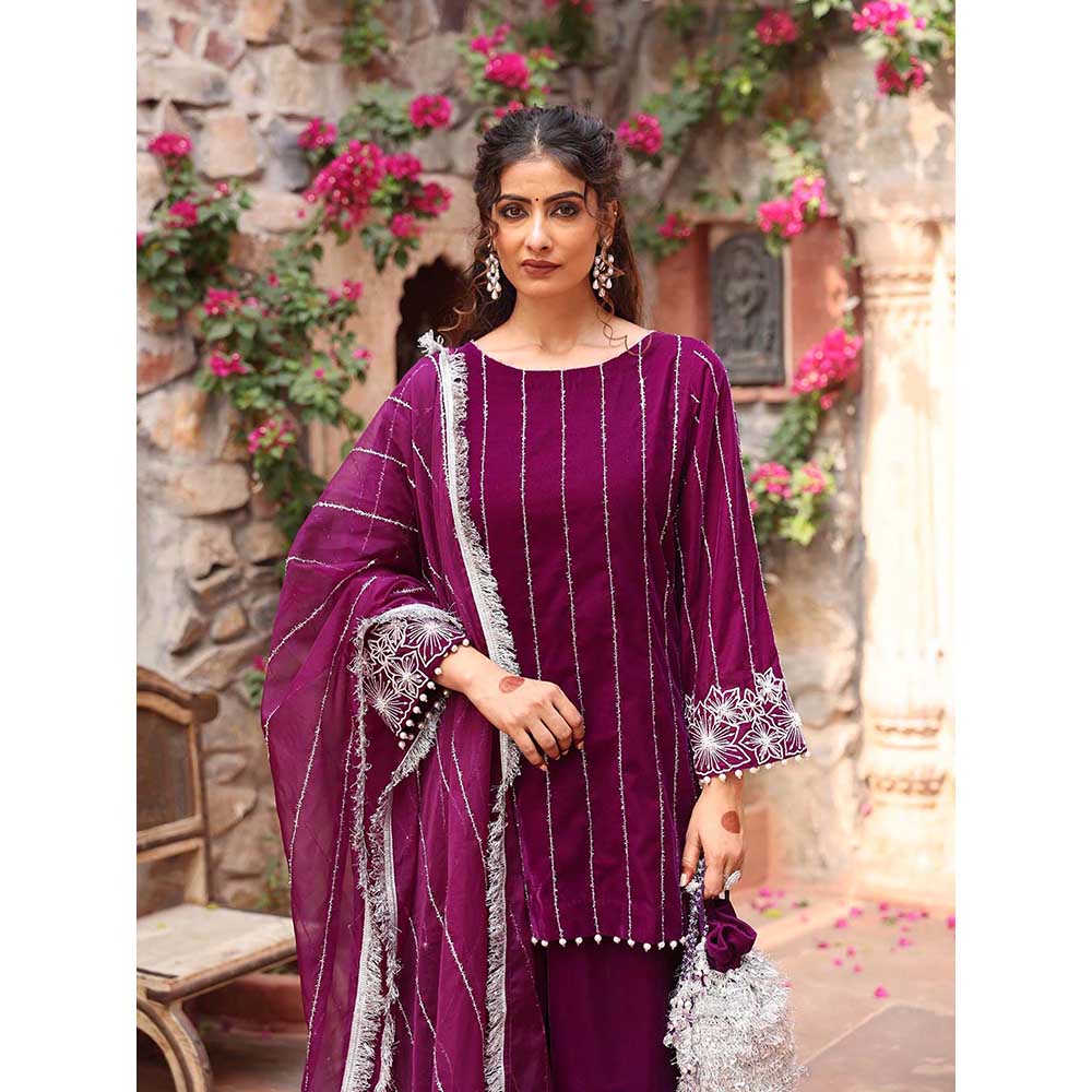 Ajiesh Oberoi Purple Kurta with Palazzo and Dupatta (Set of 3)