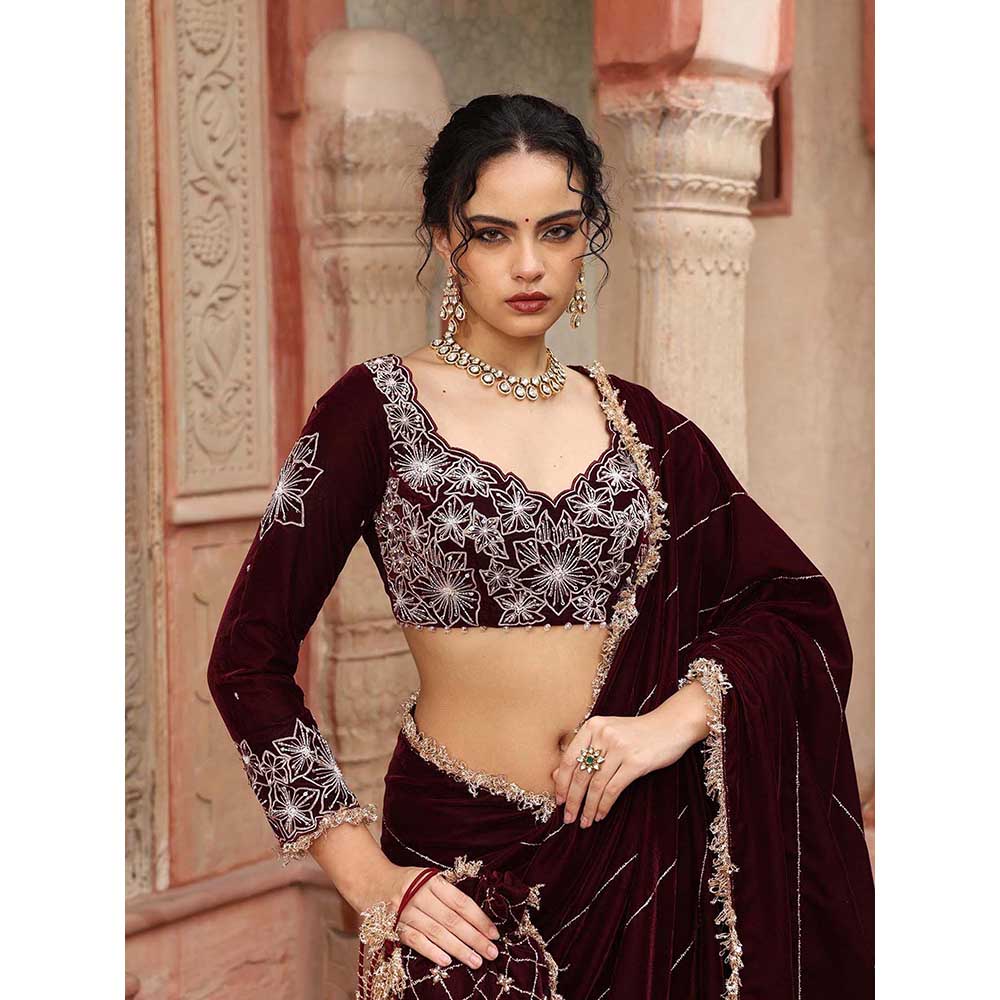 Ajiesh Oberoi Wine Pre-Draped Saree with Stitched Blouse