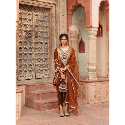 Ajiesh Oberoi Honey Gold Dhoti with Short Kurta and Dupatta (Set of 3)