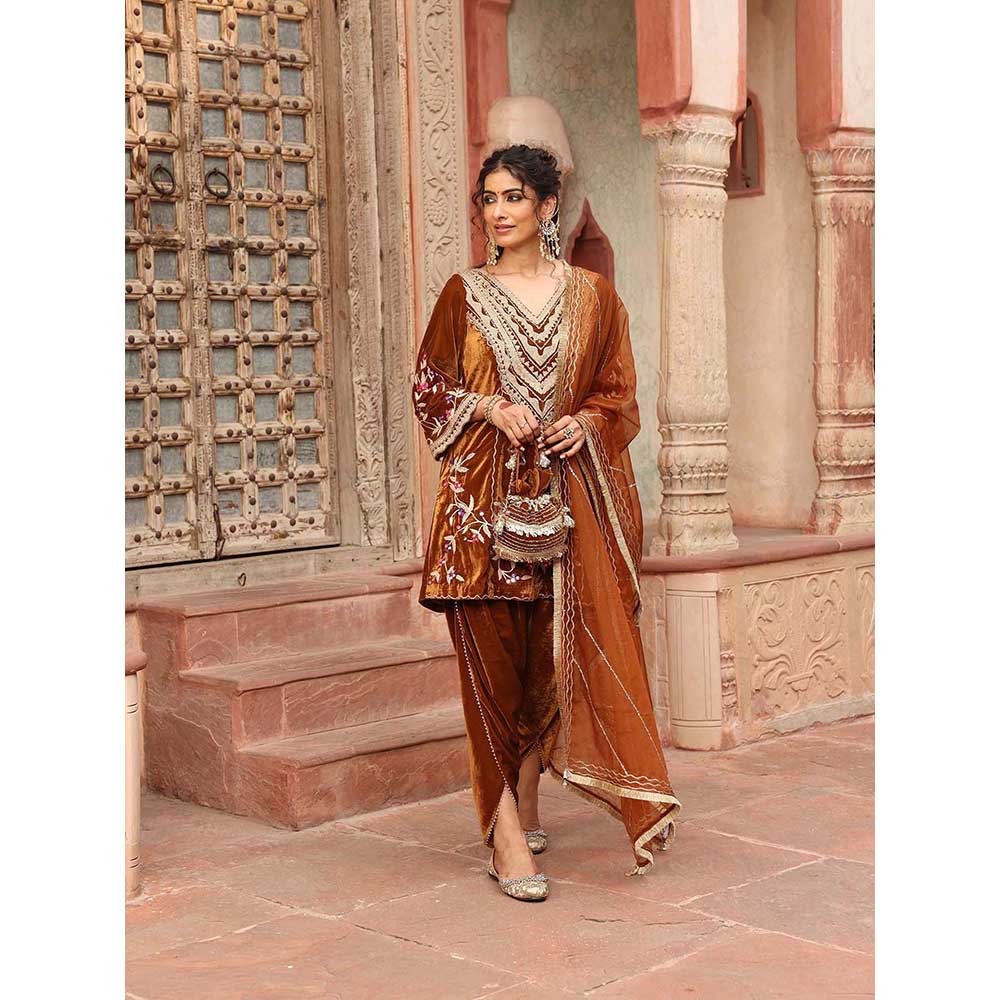 Ajiesh Oberoi Honey Gold Dhoti with Short Kurta and Dupatta (Set of 3)