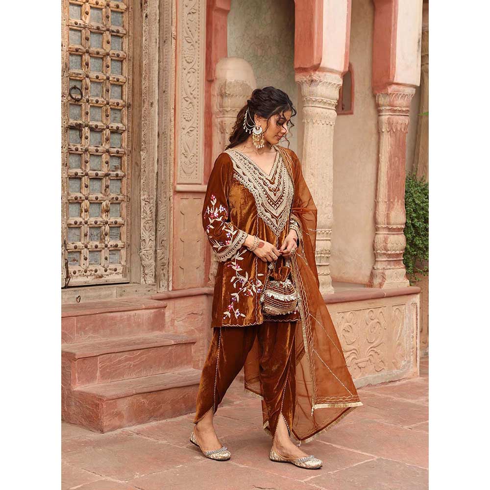 Ajiesh Oberoi Honey Gold Dhoti with Short Kurta and Dupatta (Set of 3)