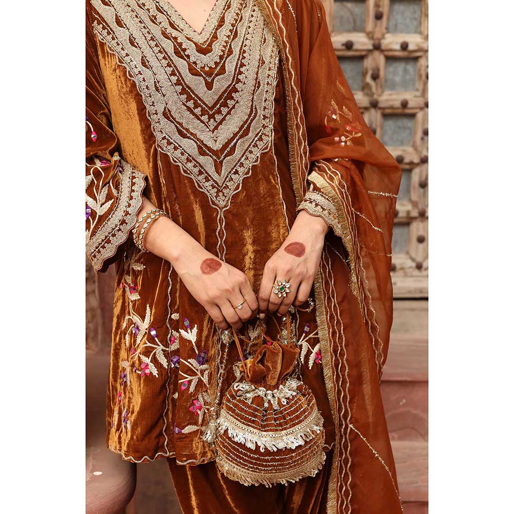 Ajiesh Oberoi Honey Gold Dhoti with Short Kurta and Dupatta (Set of 3)