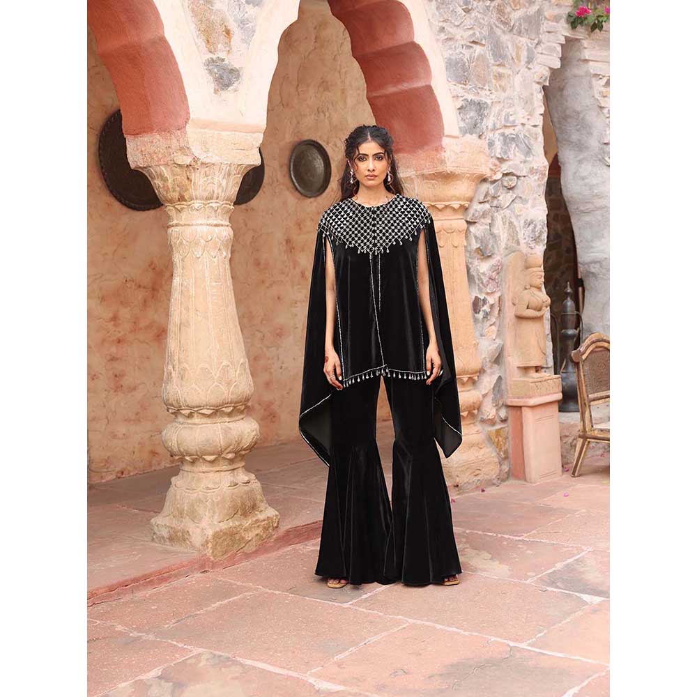 Ajiesh Oberoi Black Cape Sleeve Top with Sharara (Set of 2)