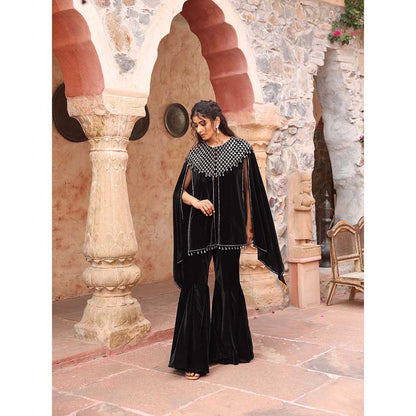Ajiesh Oberoi Black Cape Sleeve Top with Sharara (Set of 2)