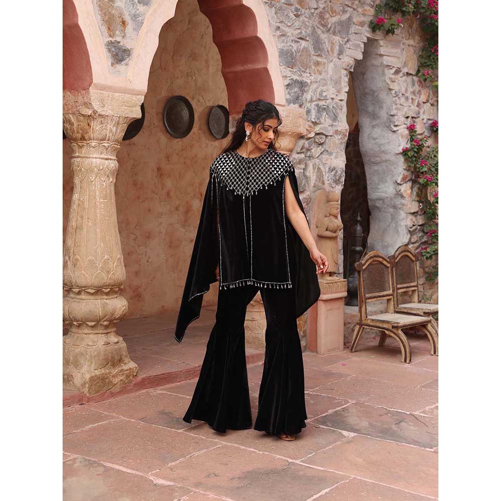 Ajiesh Oberoi Black Cape Sleeve Top with Sharara (Set of 2)
