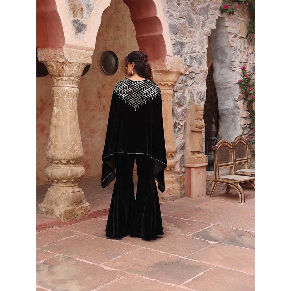 Ajiesh Oberoi Black Cape Sleeve Top with Sharara (Set of 2)