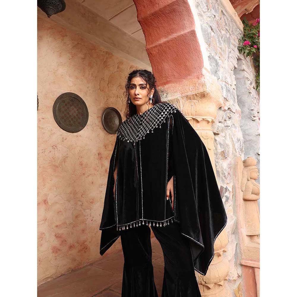 Ajiesh Oberoi Black Cape Sleeve Top with Sharara (Set of 2)