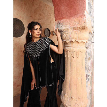 Ajiesh Oberoi Black Cape Sleeve Top with Sharara (Set of 2)
