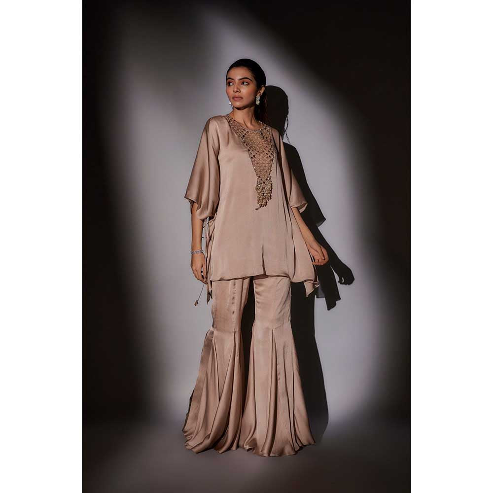 Ajiesh Oberoi Beige Flora Short Kaftan with Flared Sharara (Set of 2)