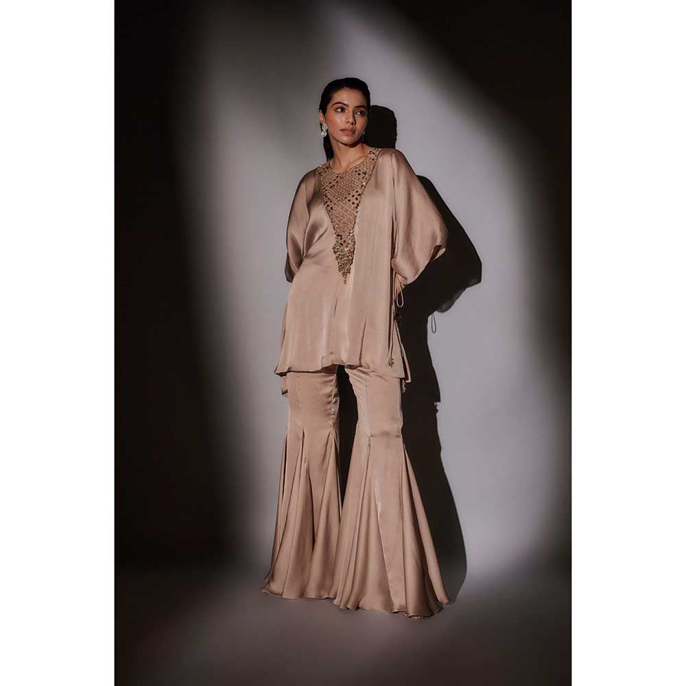 Ajiesh Oberoi Beige Flora Short Kaftan with Flared Sharara (Set of 2)