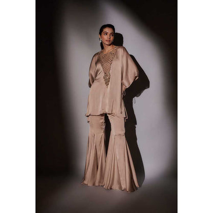 Ajiesh Oberoi Beige Flora Short Kaftan with Flared Sharara (Set of 2)