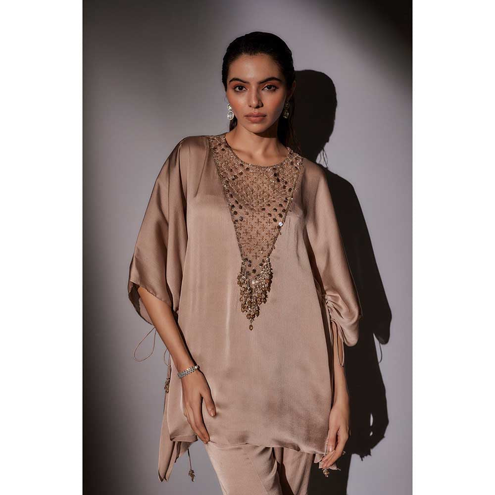 Ajiesh Oberoi Beige Flora Short Kaftan with Flared Sharara (Set of 2)