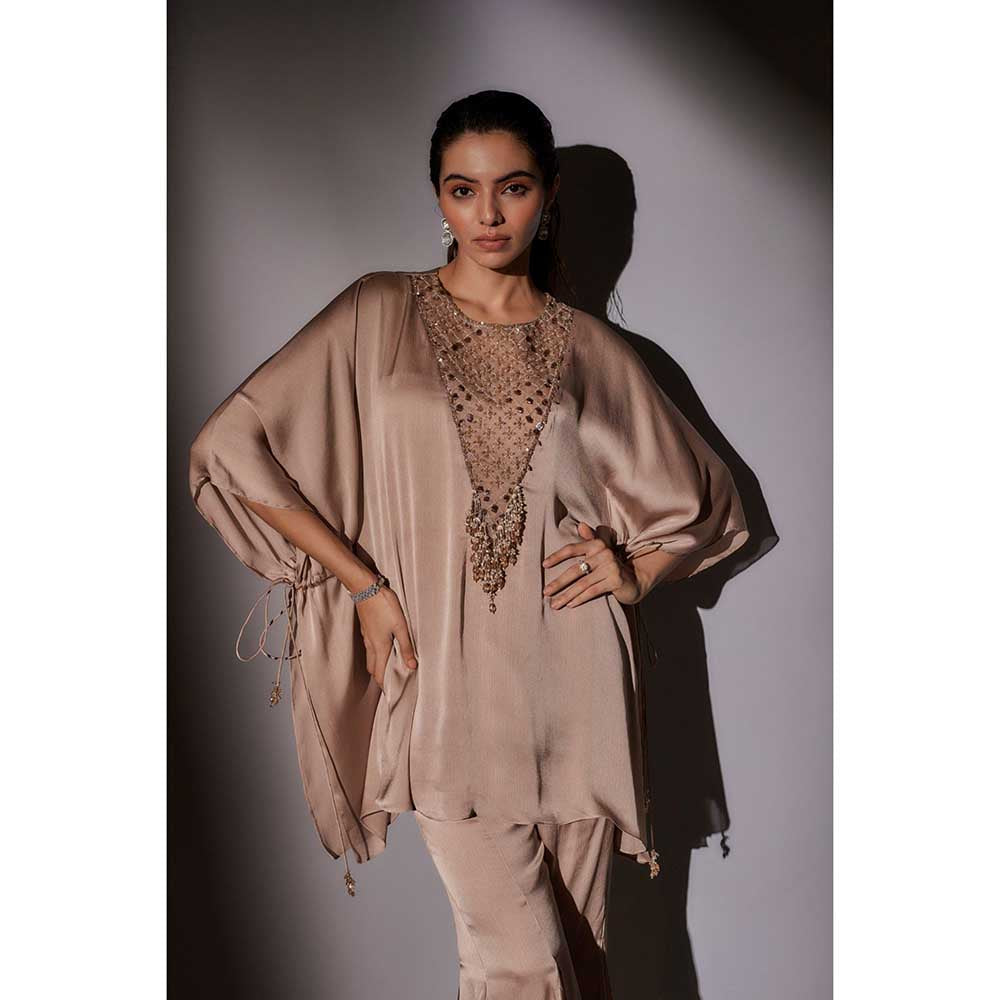 Ajiesh Oberoi Beige Flora Short Kaftan with Flared Sharara (Set of 2)