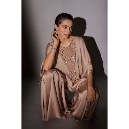 Ajiesh Oberoi Beige Flora Short Kaftan with Flared Sharara (Set of 2)