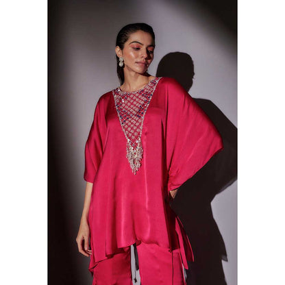 Ajiesh Oberoi Pink Flora Short Kaftan with Flared Sharara (Set of 2)