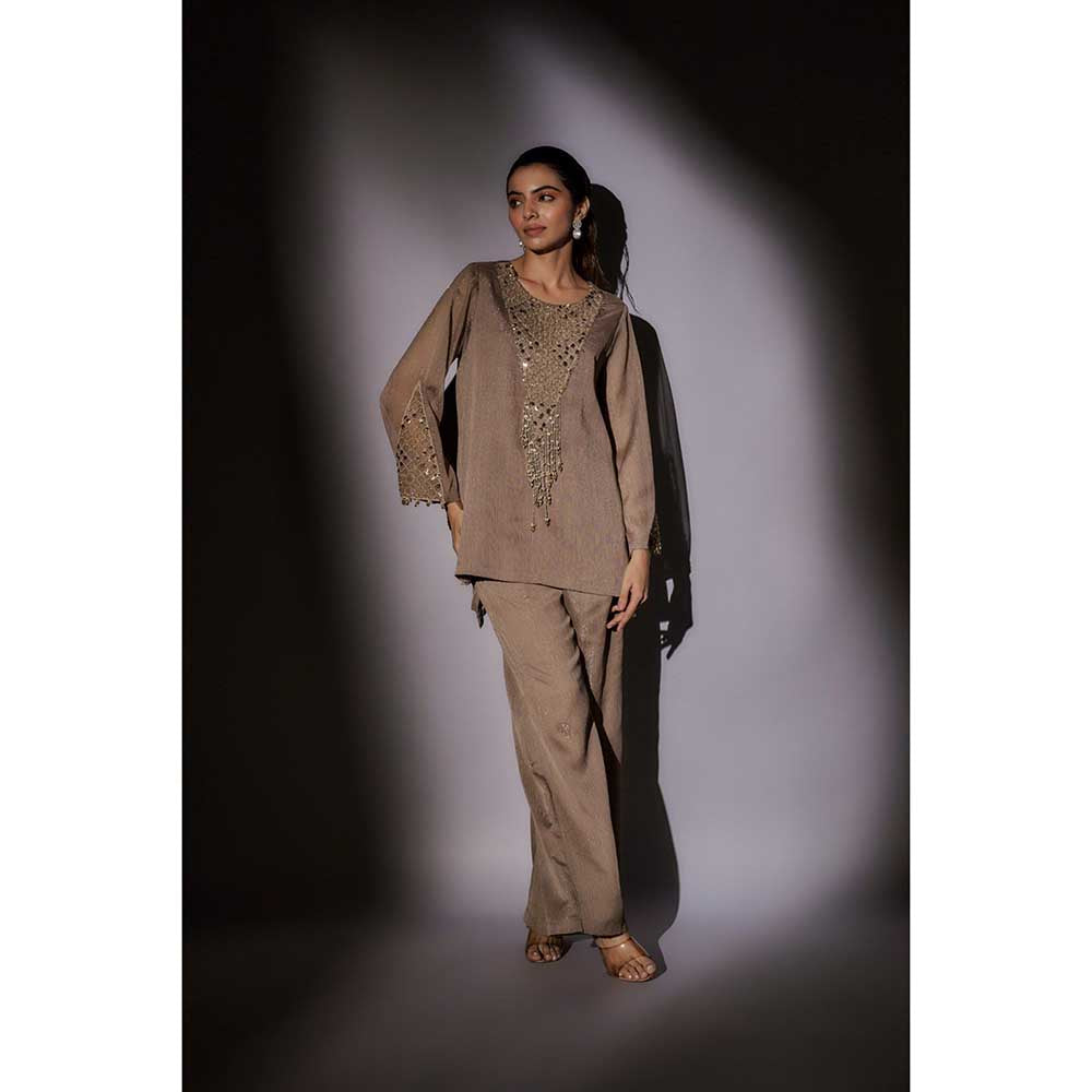 Ajiesh Oberoi Brown Emily Front Neck Embroidered Co-Ord (Set of 2)