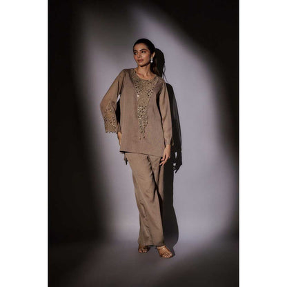 Ajiesh Oberoi Brown Emily Front Neck Embroidered Co-Ord (Set of 2)