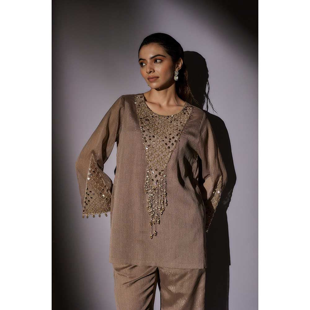 Ajiesh Oberoi Brown Emily Front Neck Embroidered Co-Ord (Set of 2)