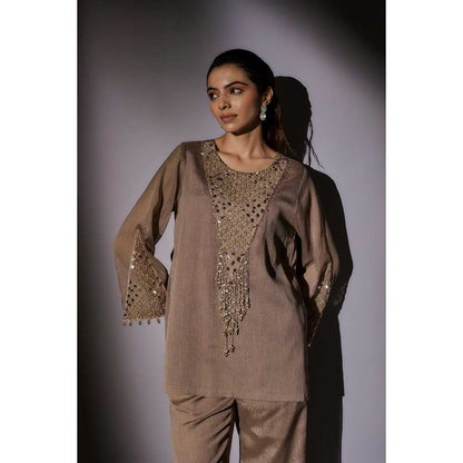 Ajiesh Oberoi Brown Emily Front Neck Embroidered Co-Ord (Set of 2)