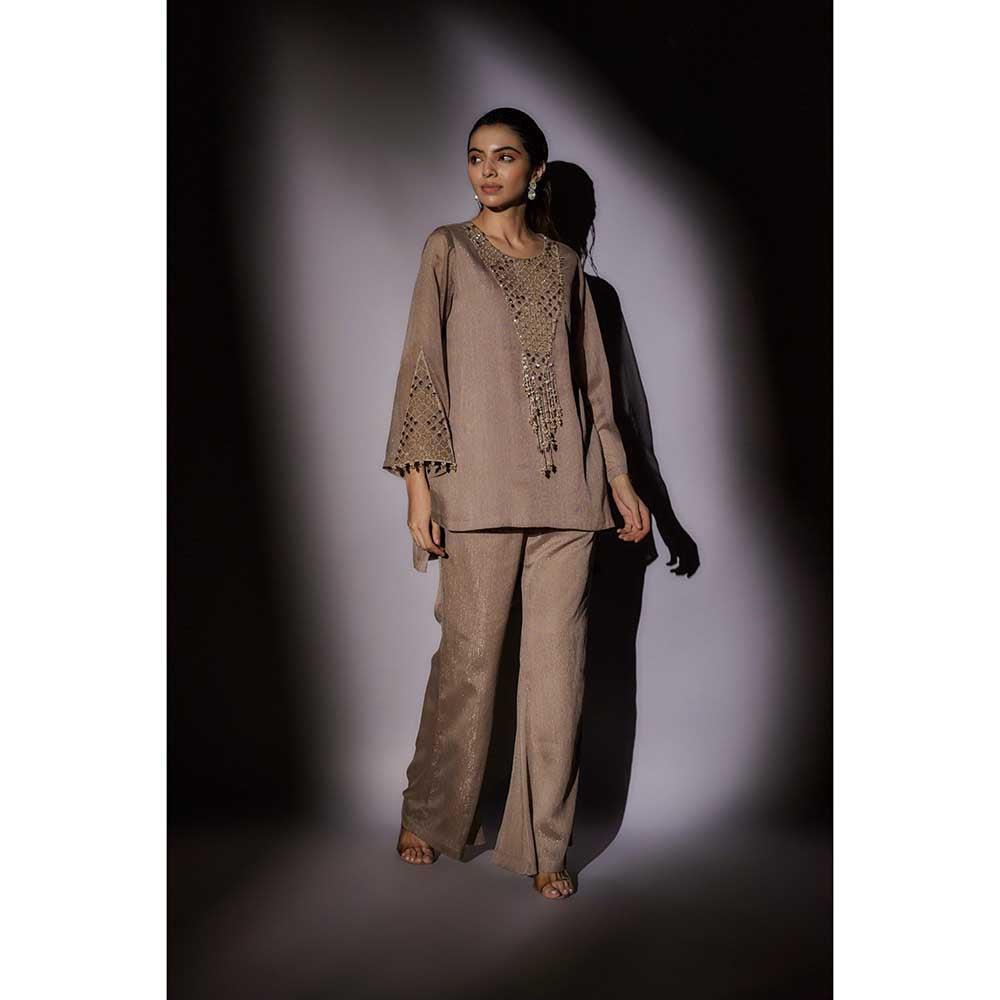 Ajiesh Oberoi Brown Emily Front Neck Embroidered Co-Ord (Set of 2)