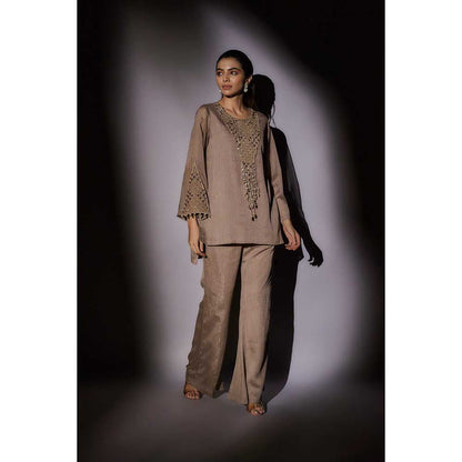 Ajiesh Oberoi Brown Emily Front Neck Embroidered Co-Ord (Set of 2)