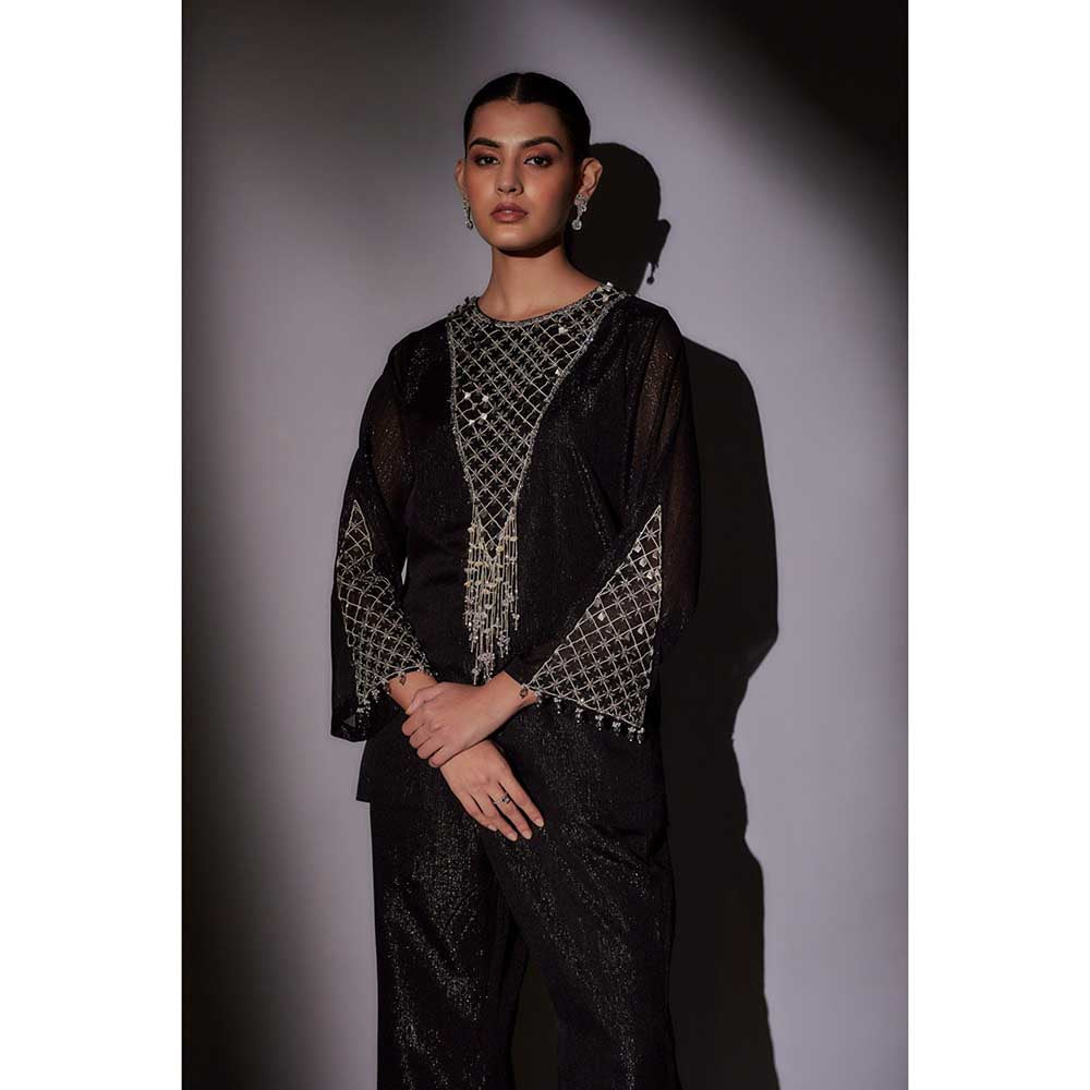Ajiesh Oberoi Black Emily Front Neck Embroidered Co-Ord (Set of 2)