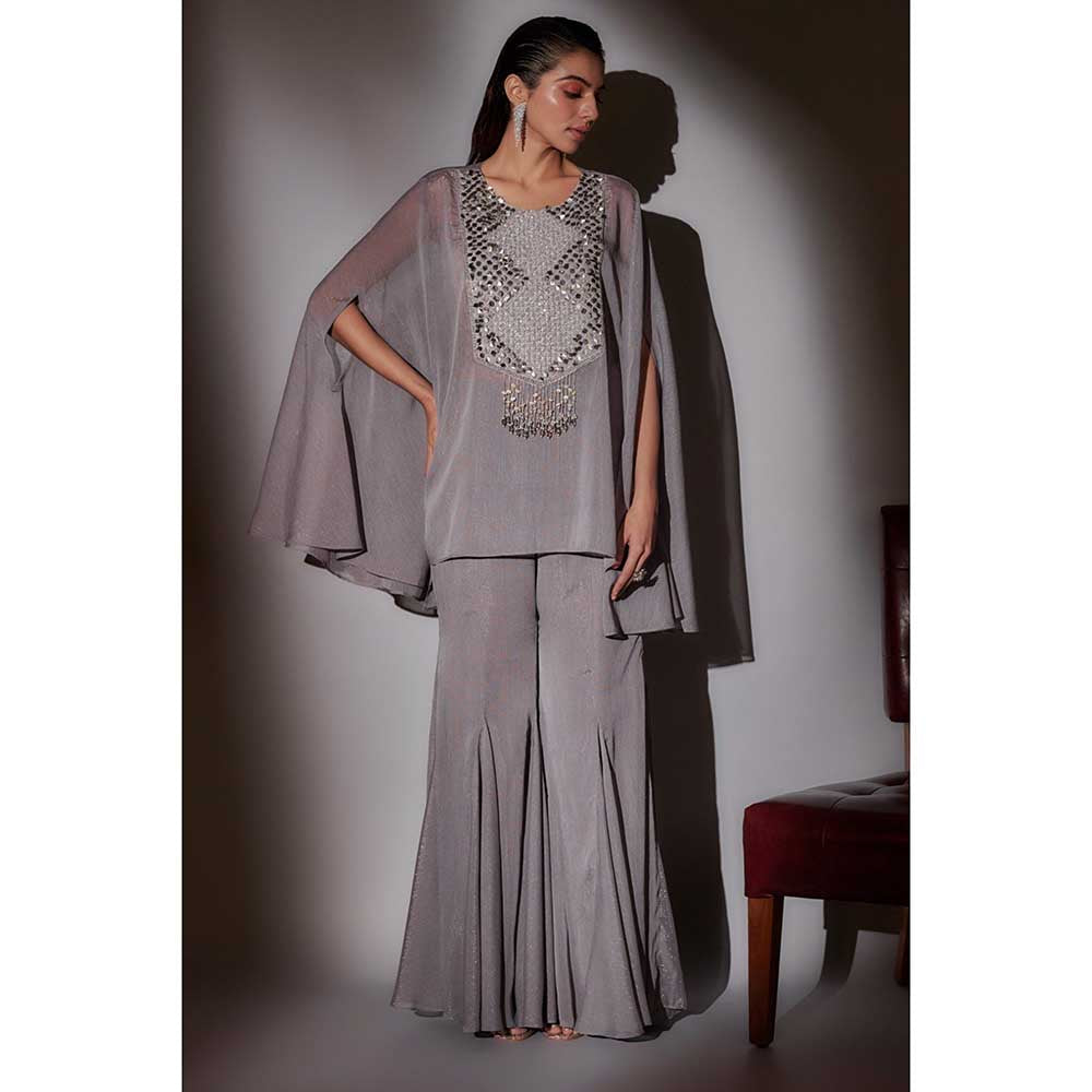 Ajiesh Oberoi Grey Bella Sheer Cape with Bustier and Flared Sharara (Set of 3)