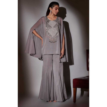 Ajiesh Oberoi Grey Bella Sheer Cape with Bustier and Flared Sharara (Set of 3)
