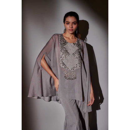 Ajiesh Oberoi Grey Bella Sheer Cape with Bustier and Flared Sharara (Set of 3)