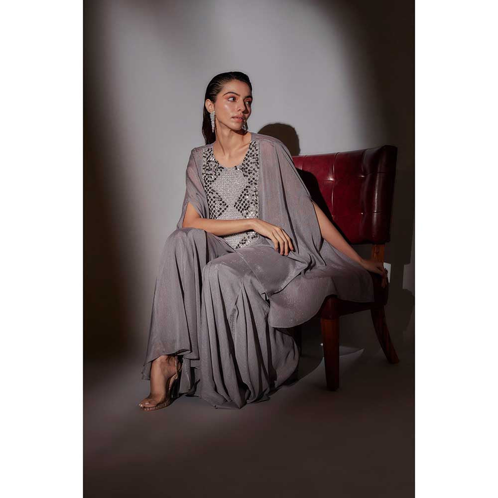 Ajiesh Oberoi Grey Bella Sheer Cape with Bustier and Flared Sharara (Set of 3)