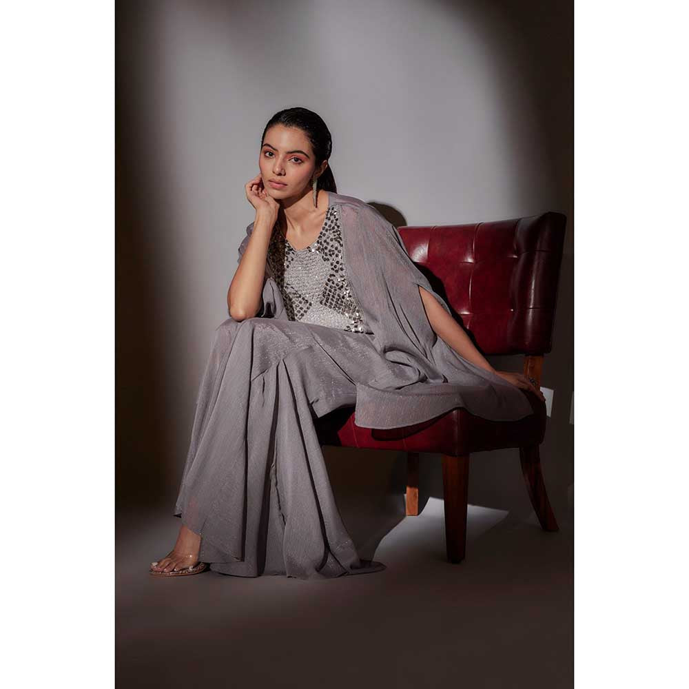 Ajiesh Oberoi Grey Bella Sheer Cape with Bustier and Flared Sharara (Set of 3)