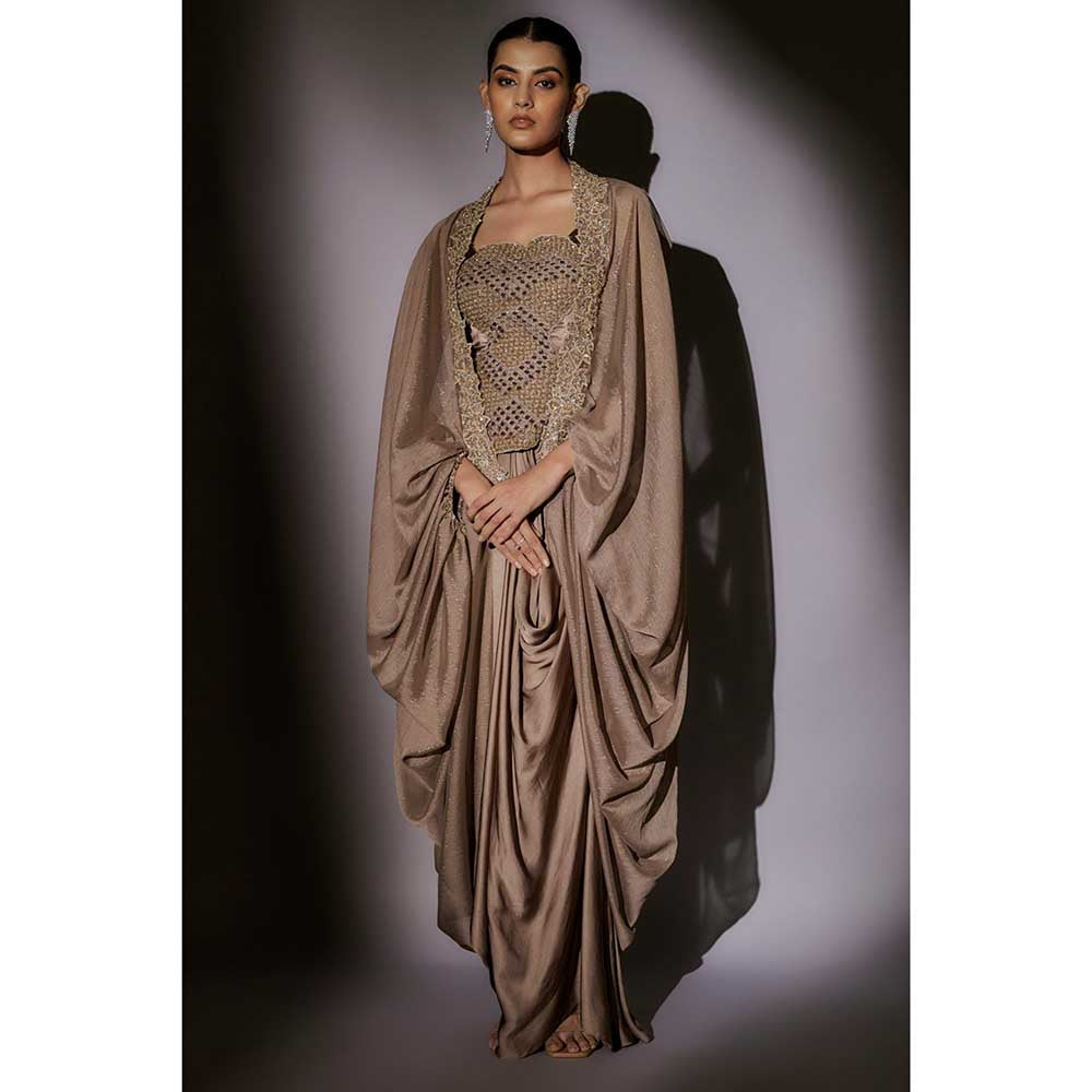 Ajiesh Oberoi Beige Heavy Hand Embroidered Top with Cape and Skirt (Set of 3)