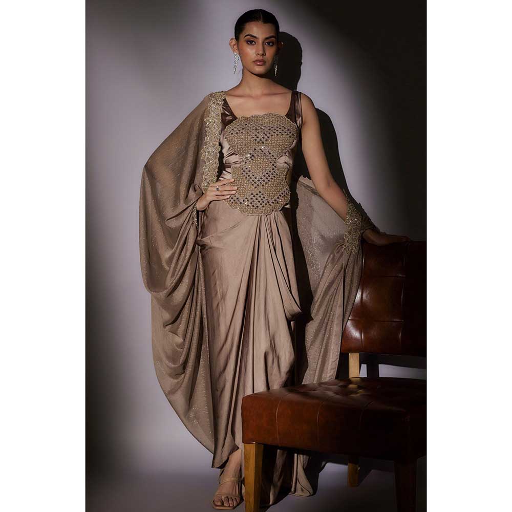 Ajiesh Oberoi Beige Heavy Hand Embroidered Top with Cape and Skirt (Set of 3)
