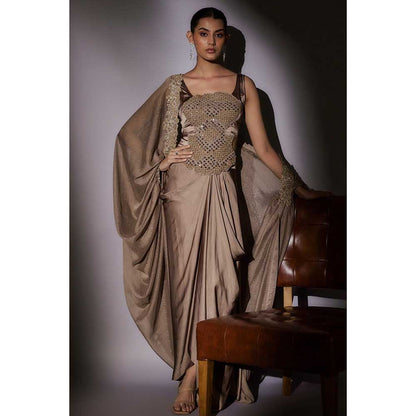 Ajiesh Oberoi Beige Heavy Hand Embroidered Top with Cape and Skirt (Set of 3)